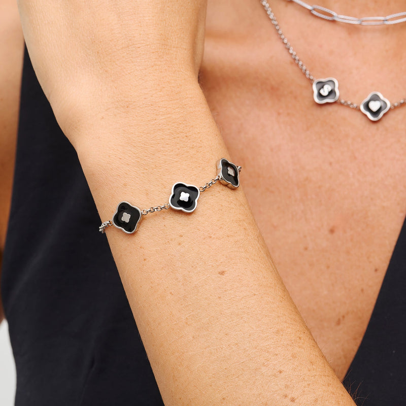 Black Enamel Clover Custom Name Bracelet (Silver)