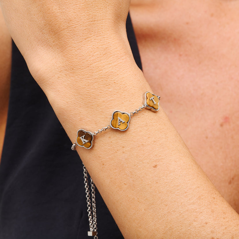 Tigers Eye Clover Custom Name Bracelet (Silver)