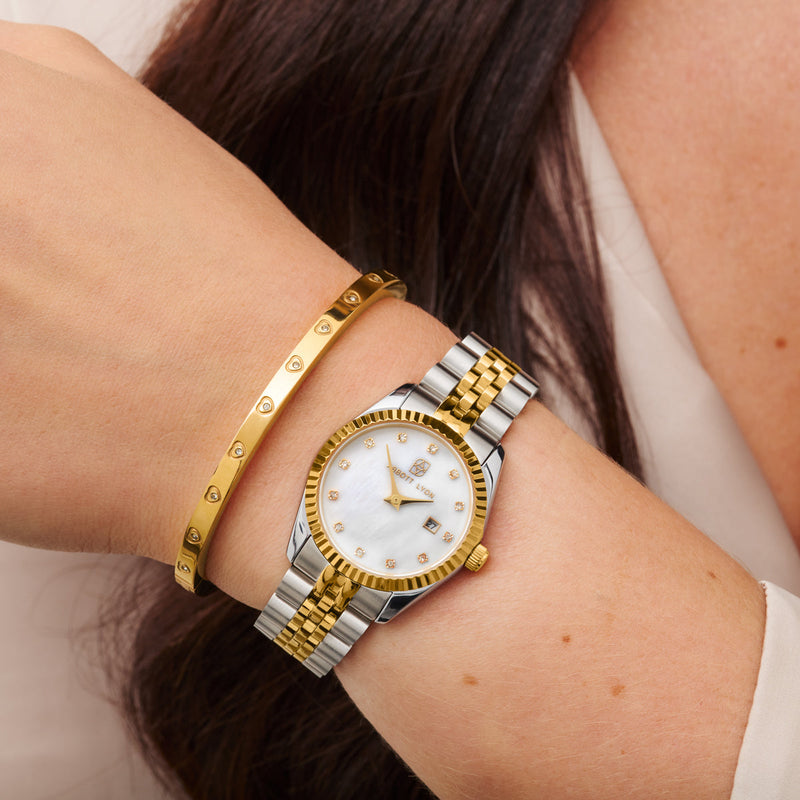 Pearl Belgravia & Crystal Heart Bangle Bundle (Gold)