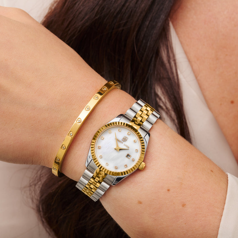 Pearl Belgravia & Crystal Heart Bangle Bundle (Gold)