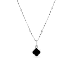 Black Enamel Clover Pendant Necklace (Silver)