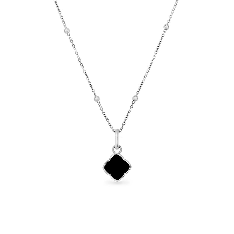 Black Enamel Clover Pendant Necklace (Silver)