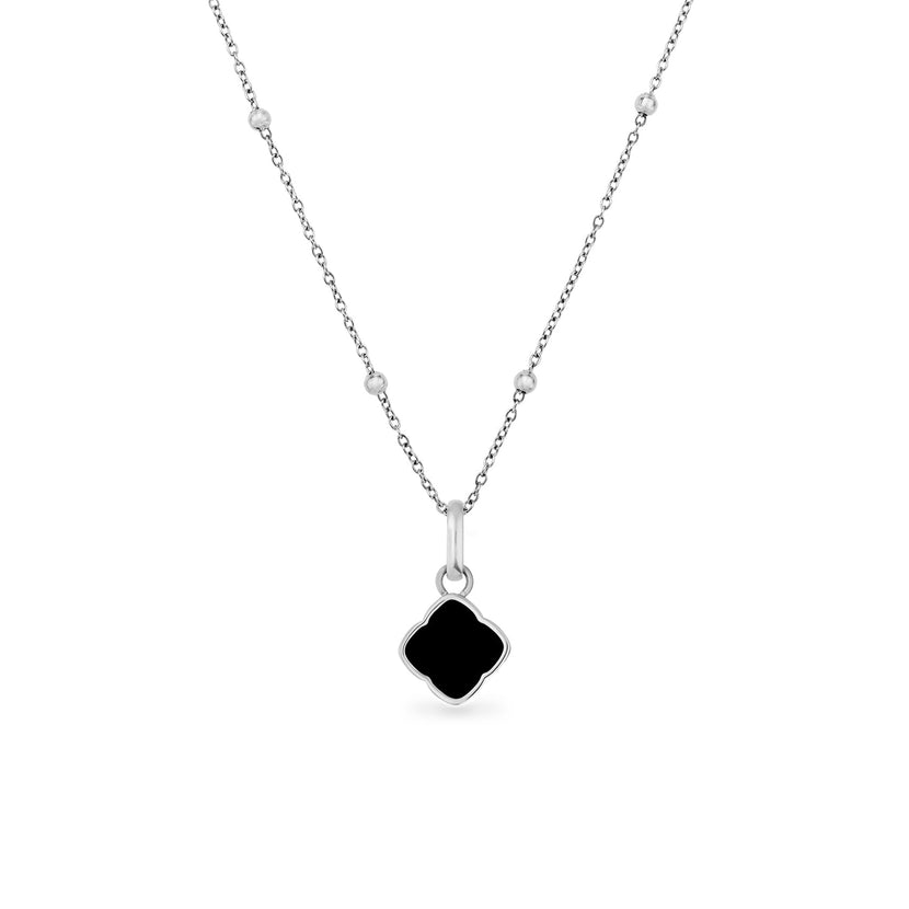 Black Enamel Clover Pendant Necklace (Silver)