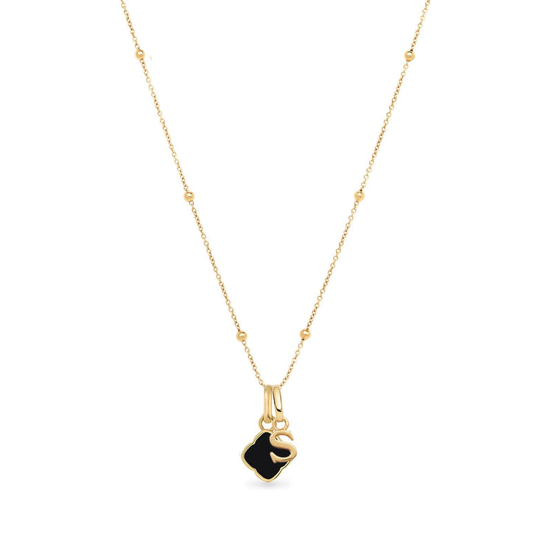 Black Enamel Clover & Initial Necklace (Gold)