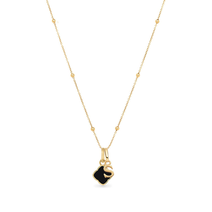 Black Enamel Clover & Initial Necklace (Gold)