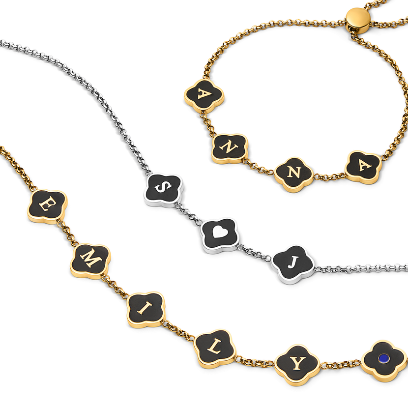 Black Enamel Clover Custom Name Necklace (Gold)