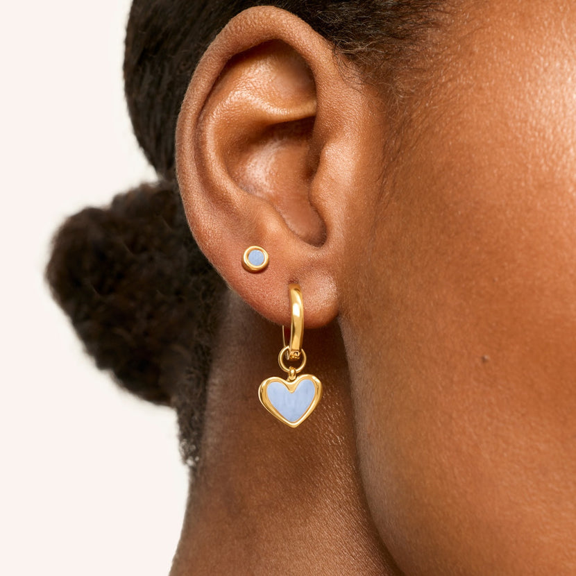 Light Blue Lace Agate Heart Huggie Earrings Set (Gold)