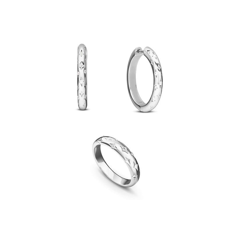 Moon and Back Hoop Earrings & Ring Set (Silver)