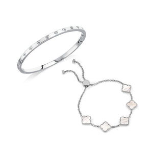 Crystal Heart Bangle & Multi Pearl Clover Bracelet Set (Silver)