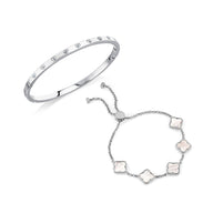 Crystal Heart Bangle & Multi Pearl Clover Bracelet Set (Silver)