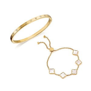 Crystal Heart Bangle & Multi Pearl Clover Bracelet Bundle (Gold)