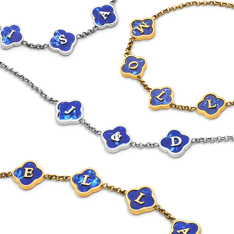 Blue Lace Agate Clover Custom Name Necklace (Silver)