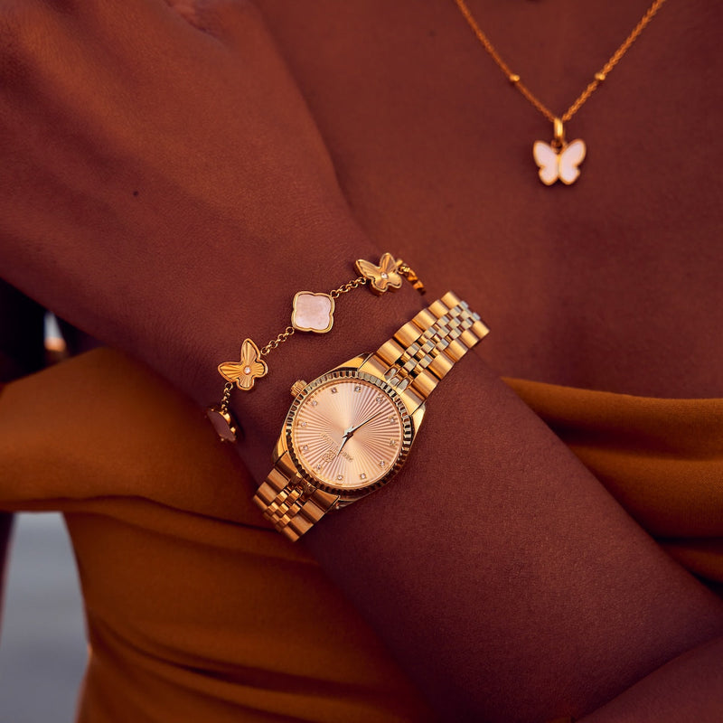 Pearl & Fluted Butterfly Bracelet (Gold)