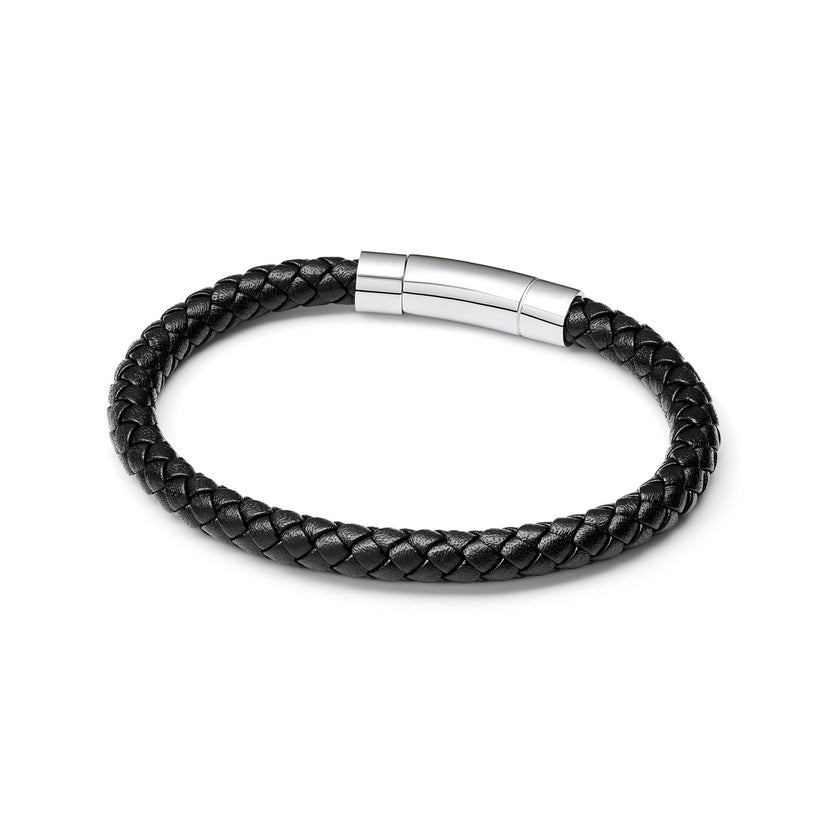 Men's Black Bonded Leather Bracelet (Silver)