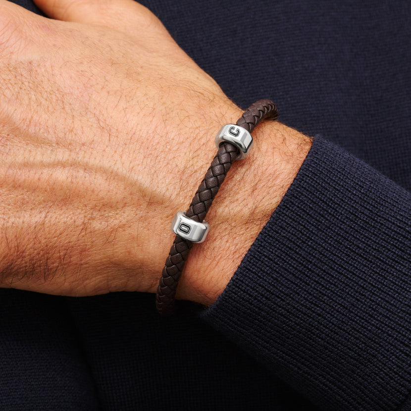 Men's Brown Bonded Leather Bracelet (Silver)