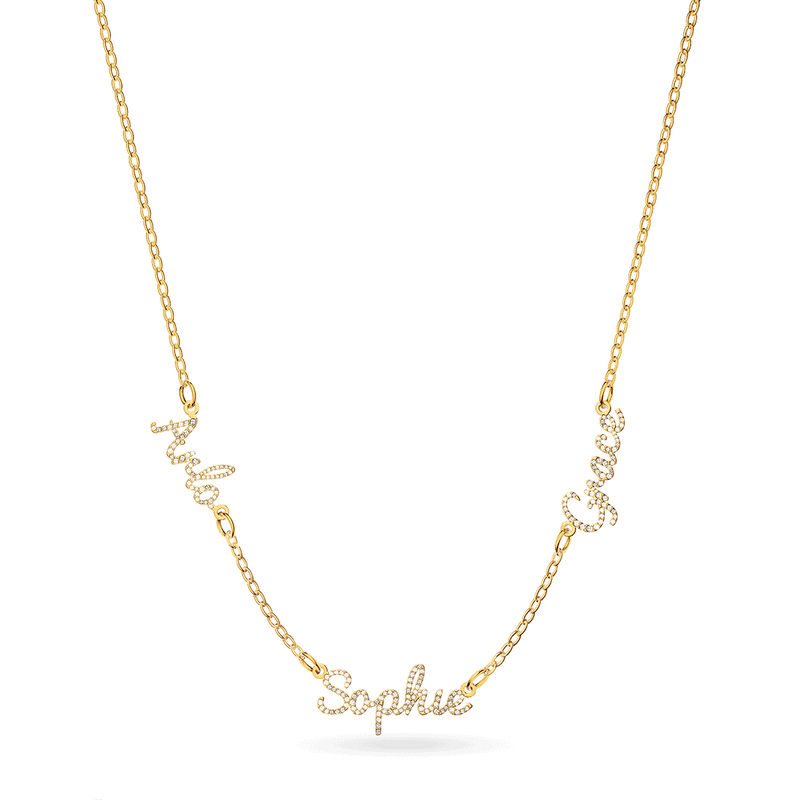 Multi Crystal Cursive Name Necklace (Gold)