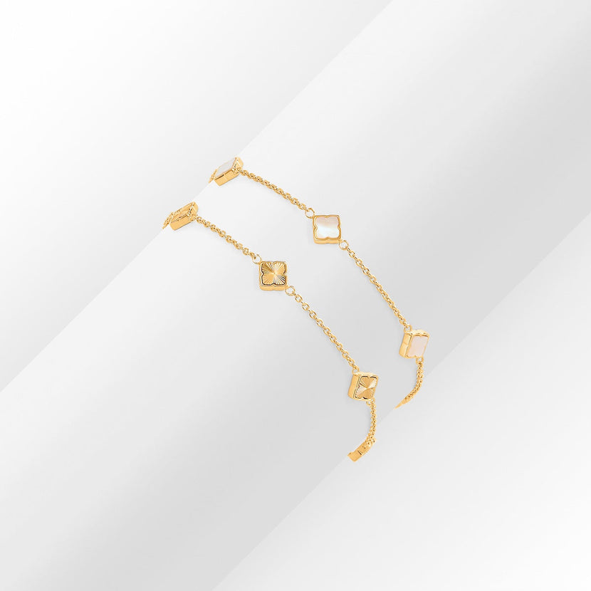 Fine Mini Pearl & Fluted Clover Bracelet Set (Gold)