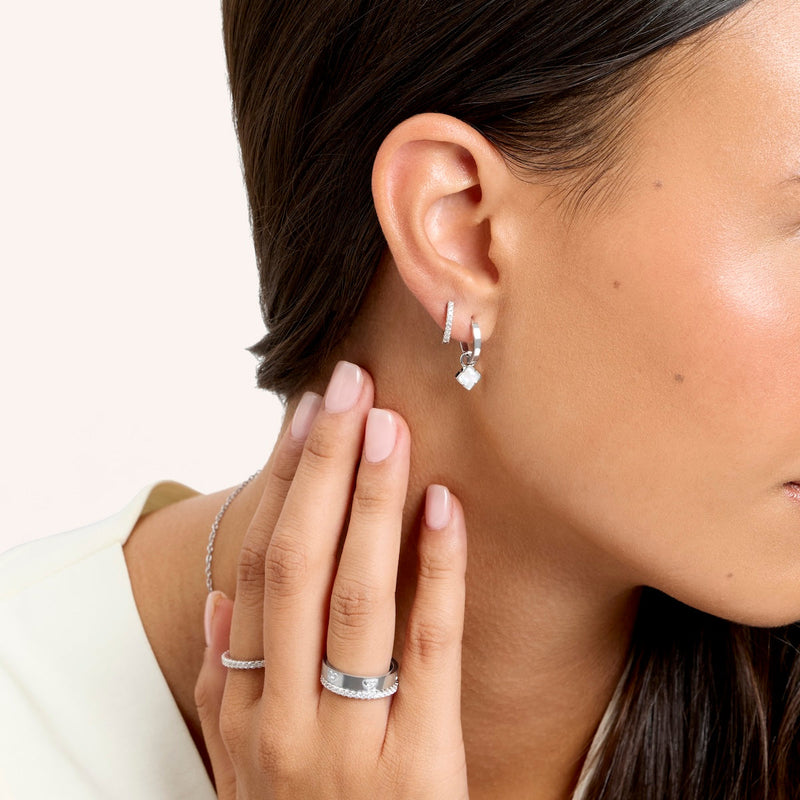 Fine Mini Pearl Clover Huggie Earrings (Silver)