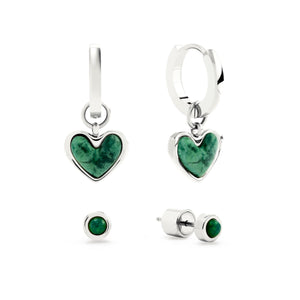 Green Quartz Huggie Earrings Set (Silver)