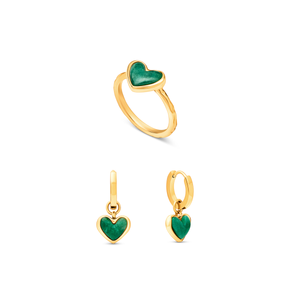 Green Quartz Heart Ring & Huggie Earrings Set (Gold)