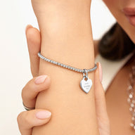 Blue Crystal Heart Token Beaded Bracelet (Silver)