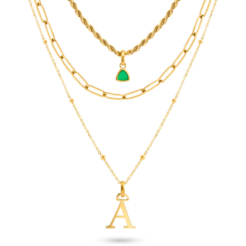 Initial & Droplet Birthstone Layered Necklace Set (Gold)