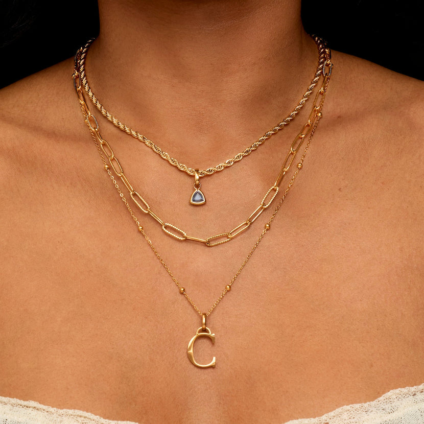 Initial & Droplet Birthstone Layered Necklace Set (Gold)