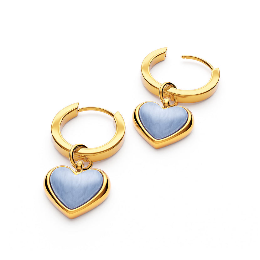 Light Blue Lace Agate Heart Huggie Earrings (Gold)