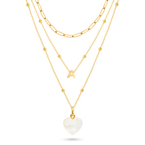 Mini Letter & Heart Birthstone Layered Necklace Set (Gold)