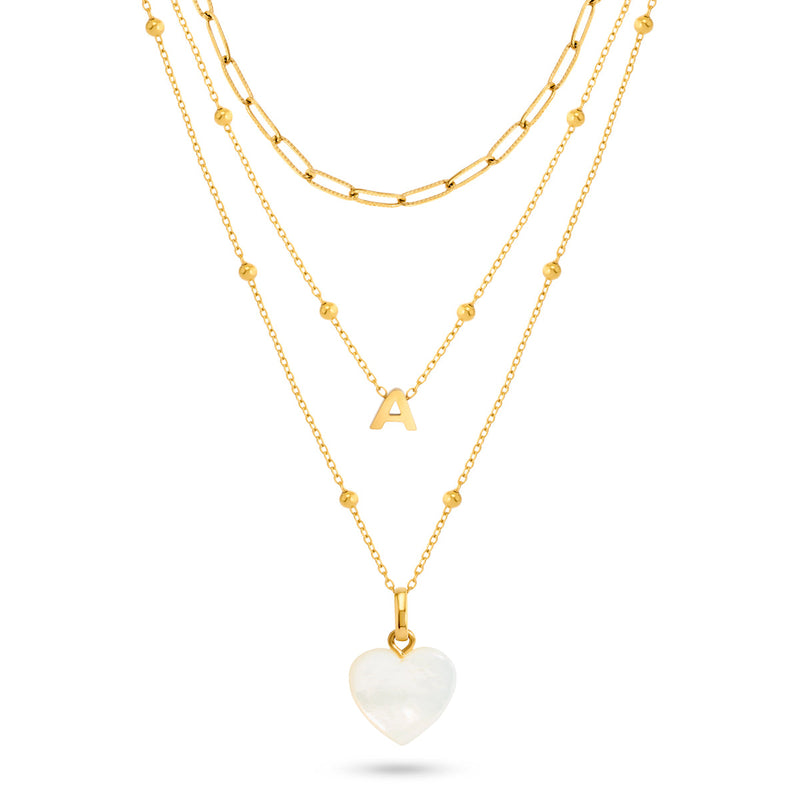 Mini Letter & Heart Birthstone Layered Necklace Set (Gold)