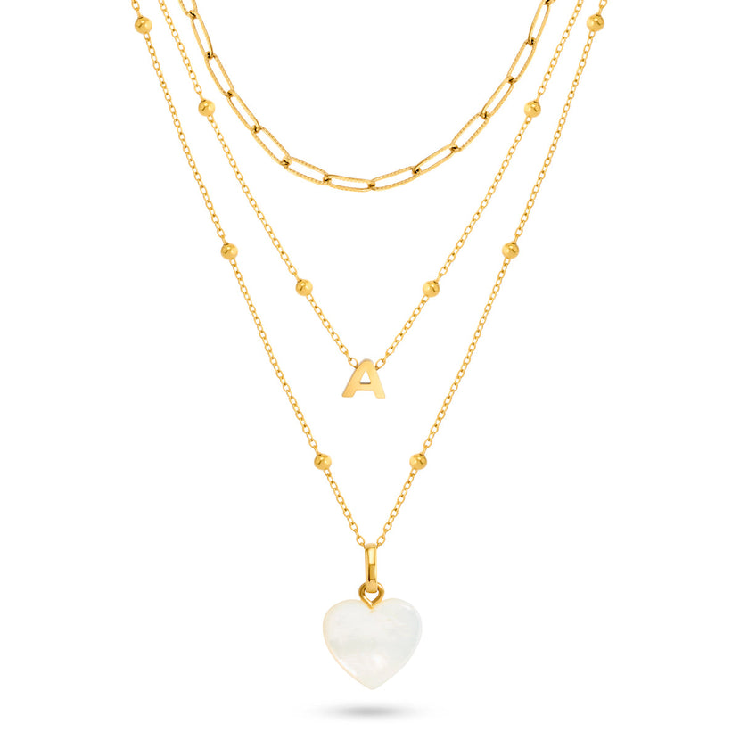 Mini Letter & Heart Birthstone Layered Necklace Set (Gold)