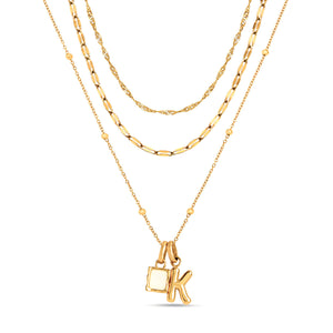 Mini Molten Initial & Moonstone Charm Layered Necklace Set (Gold)