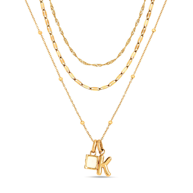 Mini Molten Initial & Moonstone Charm Layered Necklace Set (Gold)