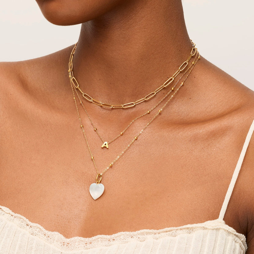 Mini Letter & Heart Birthstone Layered Necklace Set (Gold)