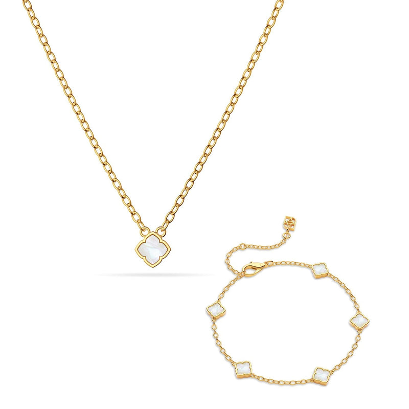 Mini Pearl Clover Necklace & Bracelet Set (Gold)