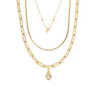 Mini Initial & Heart Birthstone Layered Set (Gold)
