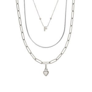 Mini Initial & Heart Birthstone Layered Set (Silver)