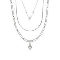 Mini Initial & Heart Birthstone Layered Set (Silver)