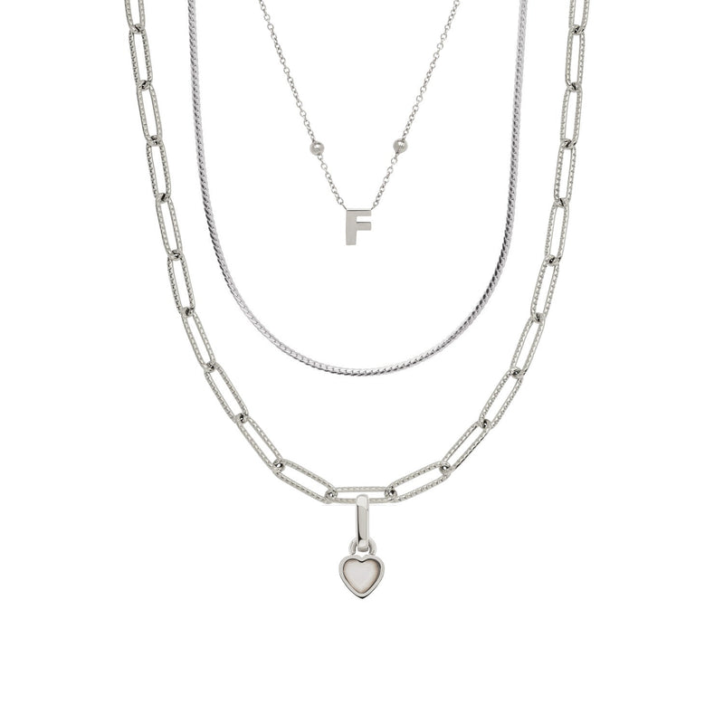 Mini Initial & Heart Birthstone Layered Set (Silver)