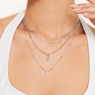 Mini Initial & Heart Birthstone Layered Set (Silver)