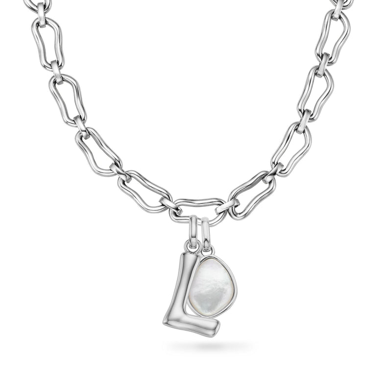 Molten Initial & Organic Stone Necklace (Silver)