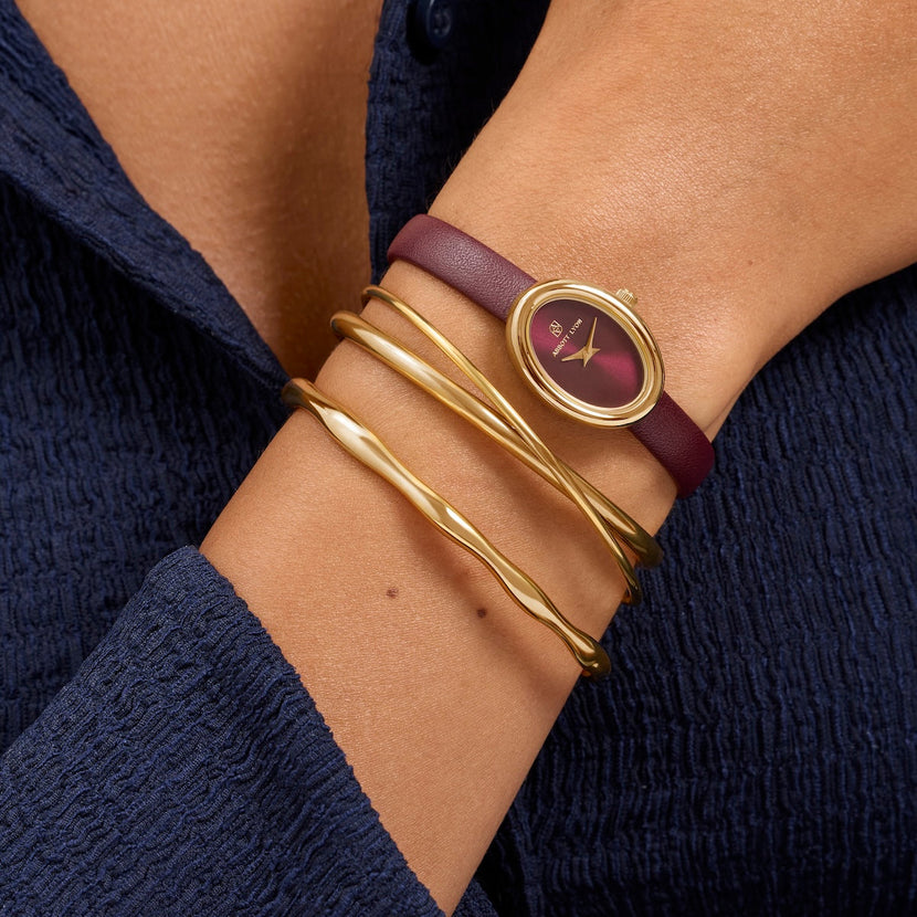 Monroe Leather Watch & Bangle Set (Burgundy/Gold)