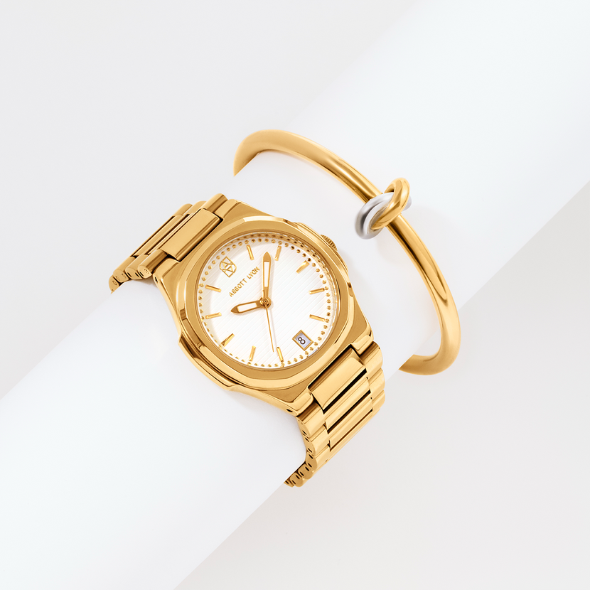 Sports Luxe Watch & Knot Bangle Set (Gold)