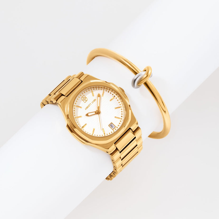 Sports Luxe Watch & Knot Bangle Set (Gold)
