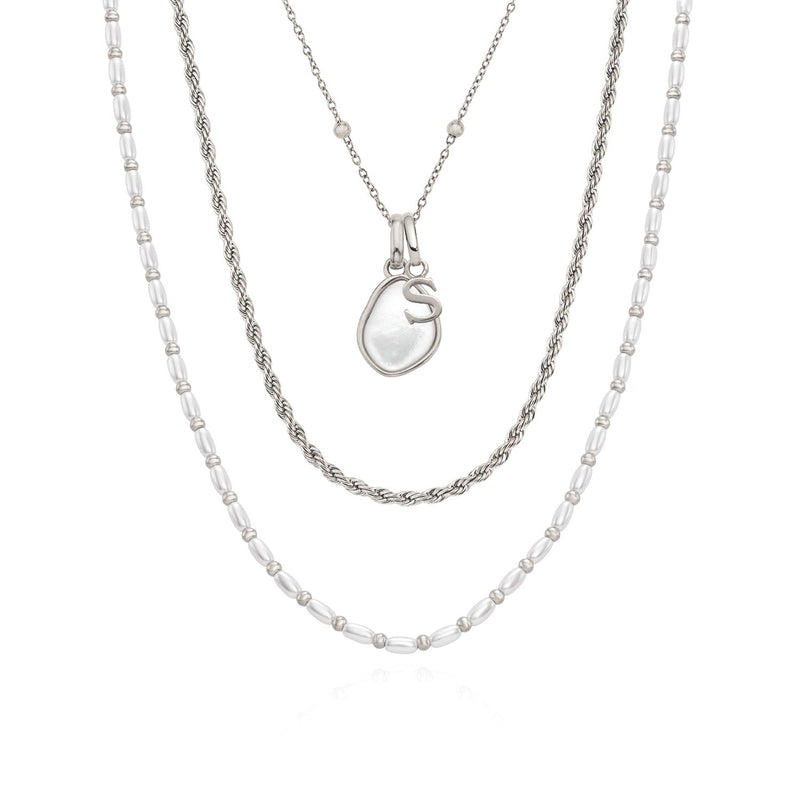 White Quartz & Initial Pearl Layered Set (Silver)