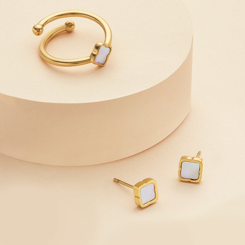 Mini Pearl Clover Ring & Earrings Bundle (Gold)