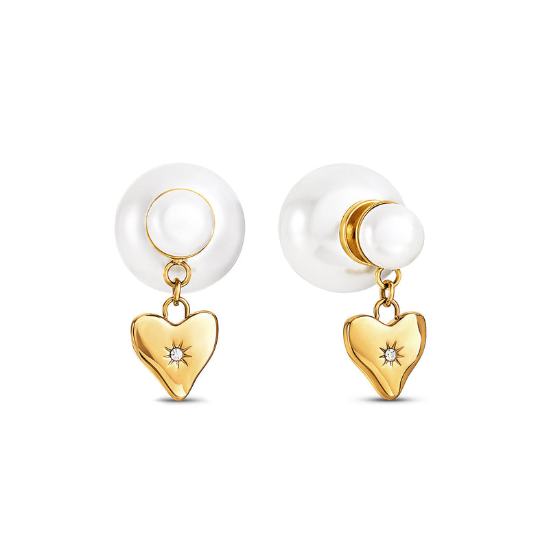 Pearl Barbell Heart Charm Earrings (Gold)