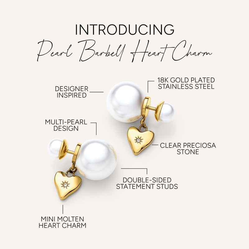 Pearl Barbell Heart Charm Earrings (Gold)