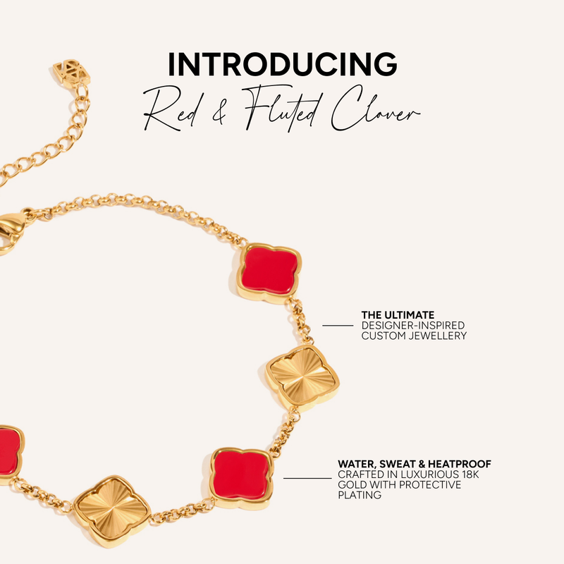 Red & Fluted Clover Bracelet (Gold)