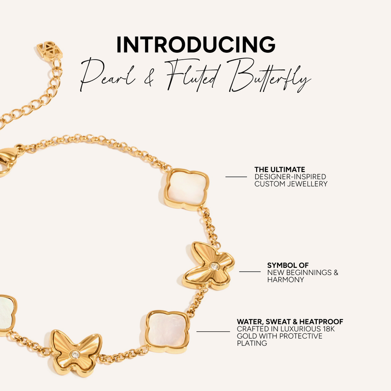 Pearl & Fluted Butterfly Bracelet (Gold)